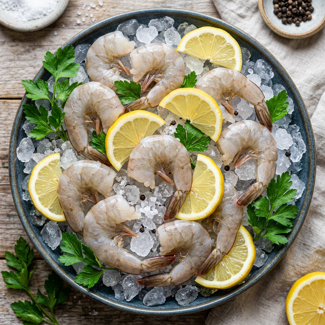 Camarones frescos sobre hielo